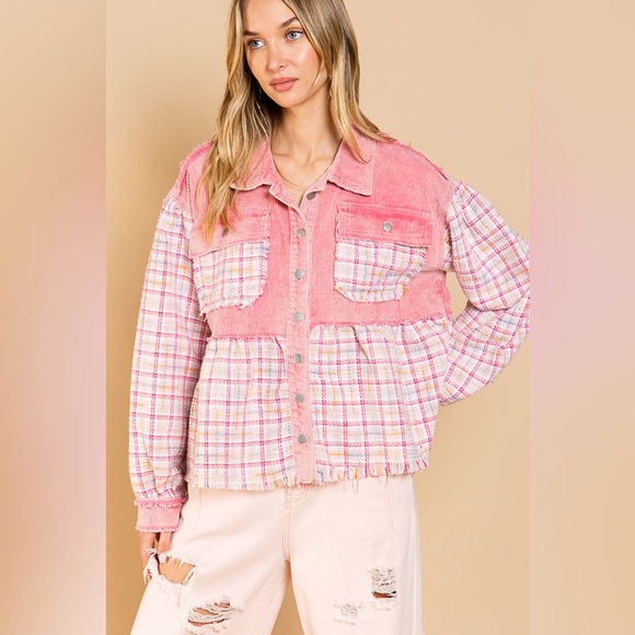 POL Tops - Corduroy Tweed Ballon Sleeves Pink Womens Shacket Button Down
